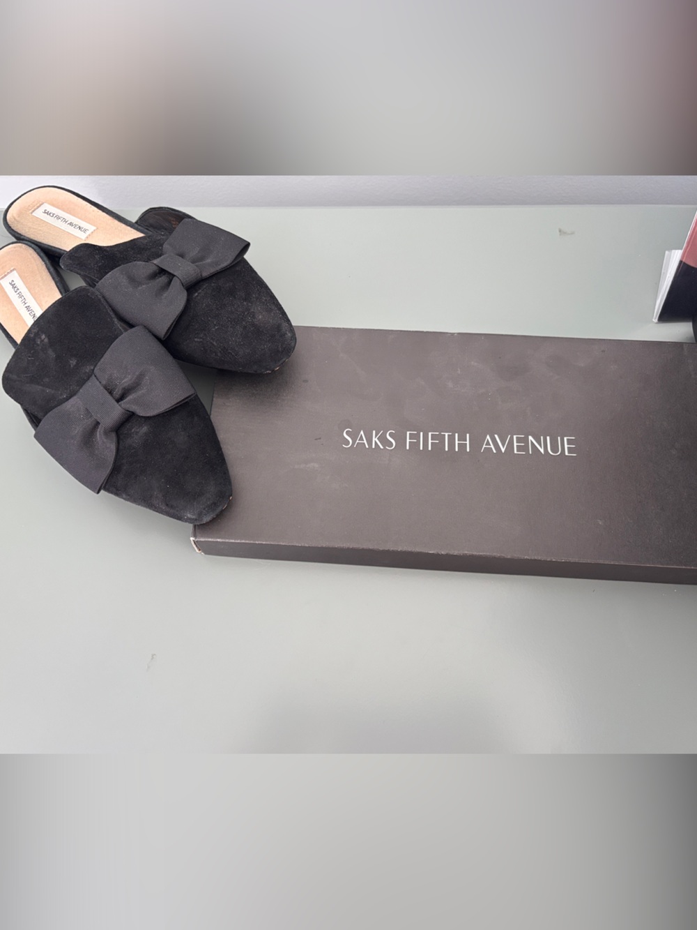 Saks Fifth Avenue Black Suede Bow Slip-On Mule